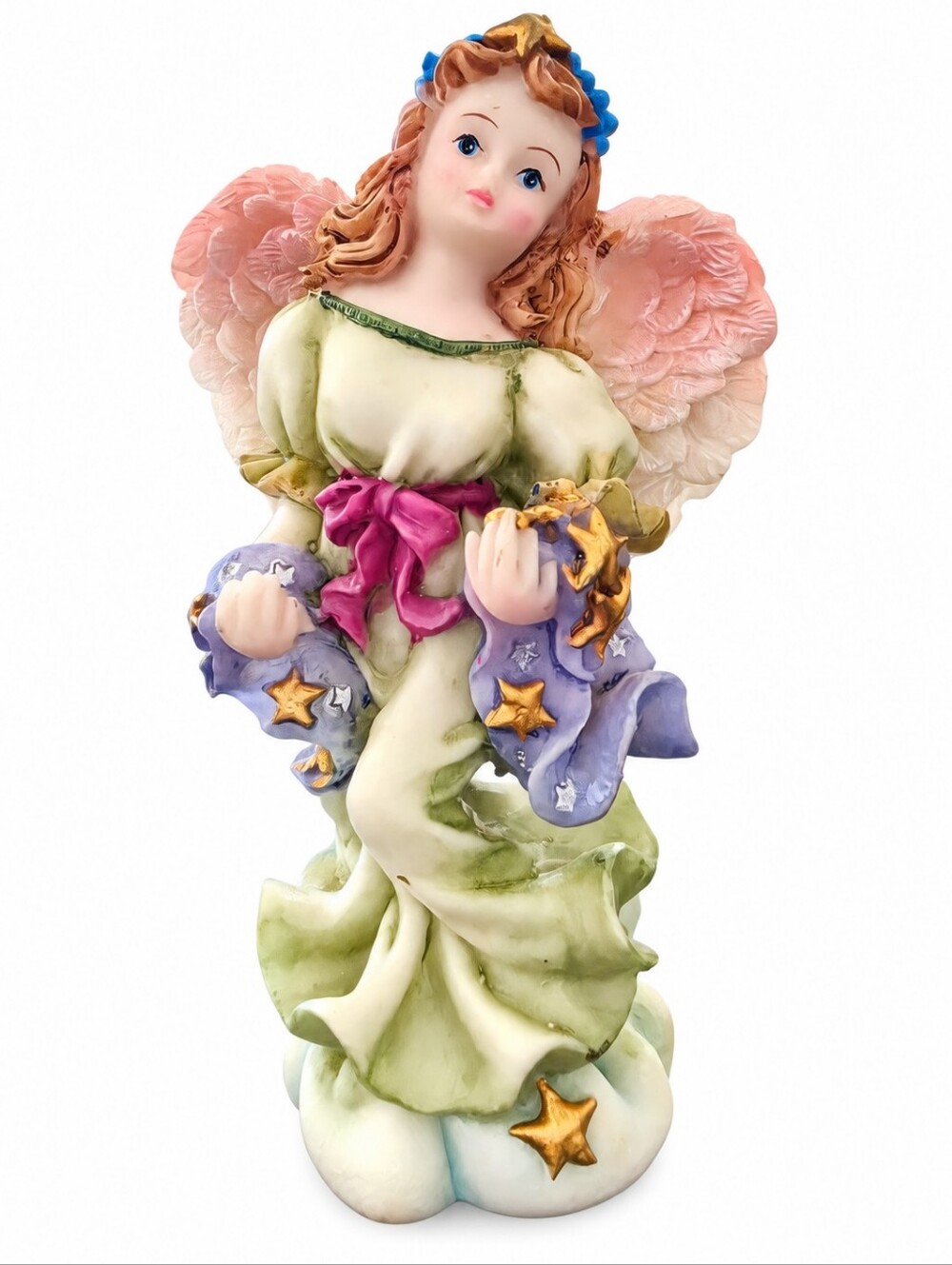 Vintage Resin Angel Decortive Figurine in Pastel Greens and Pink